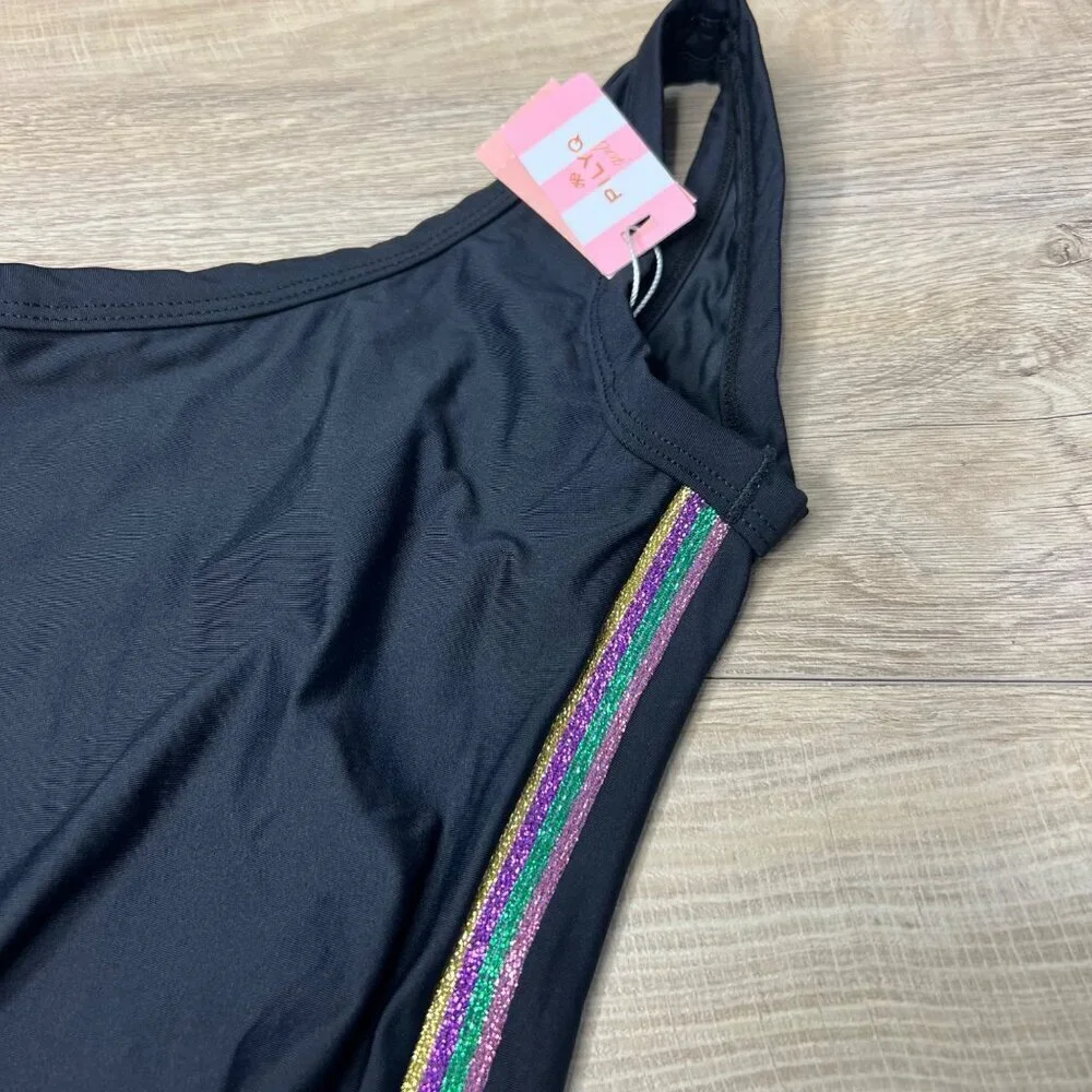 NWT Pilyq Girls One Shoulder One Piece Swimsuit Black Rainbow Metallic Size 4‎